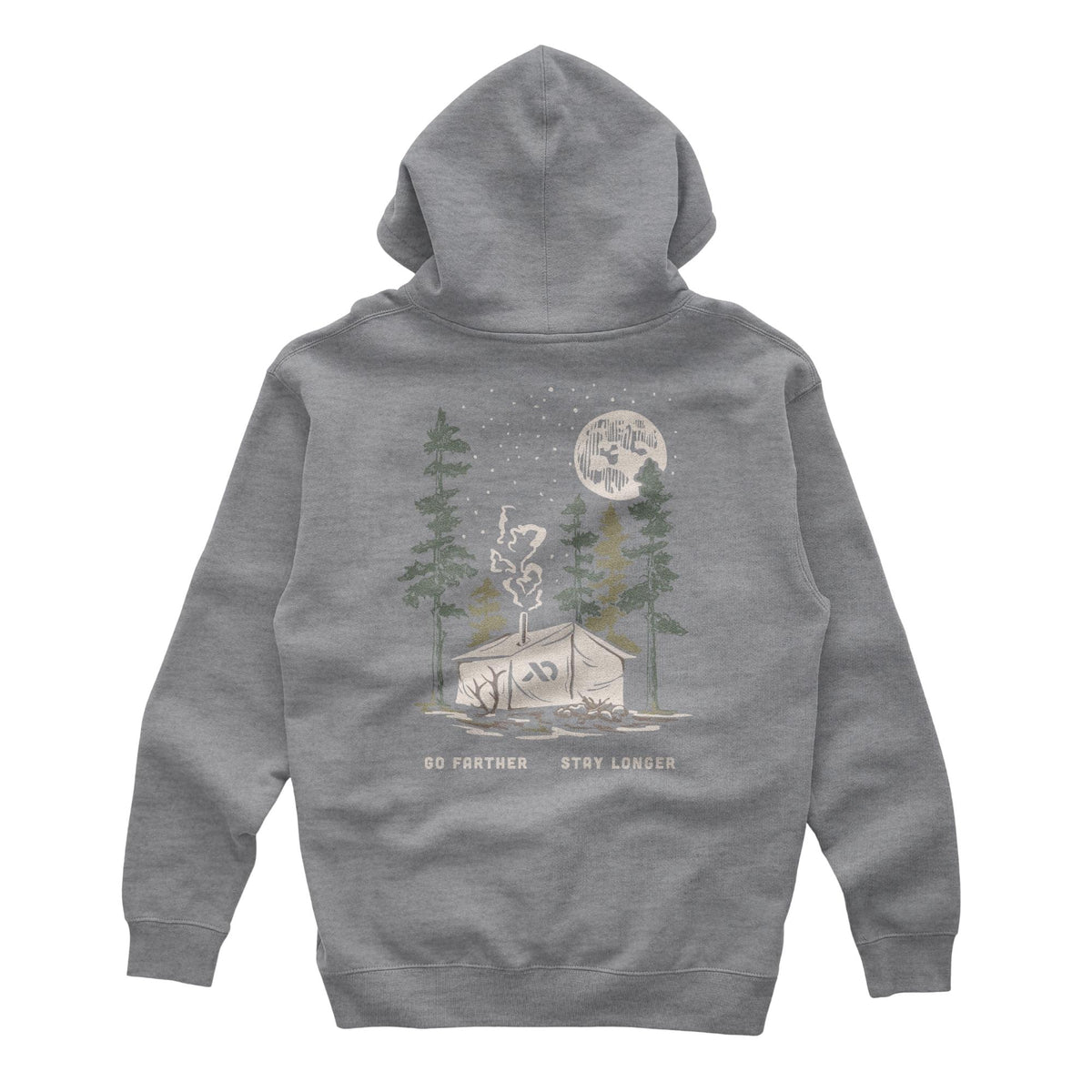 Grey hoodie with a white camping tent, green trees to the sides and a moon with stars on top and text "GO FARTHER STAY LONGER" below