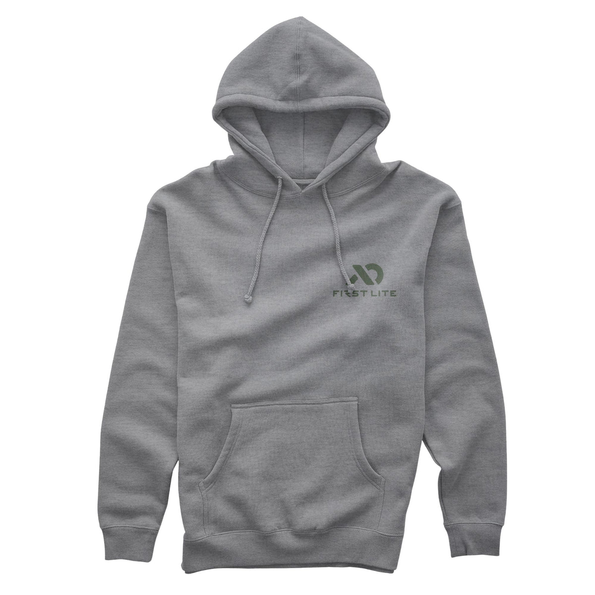Grey hoodie with a green logo and "FIRST LITE" on the left chest, a hood with drawstrings, and a kangaroo pocket.