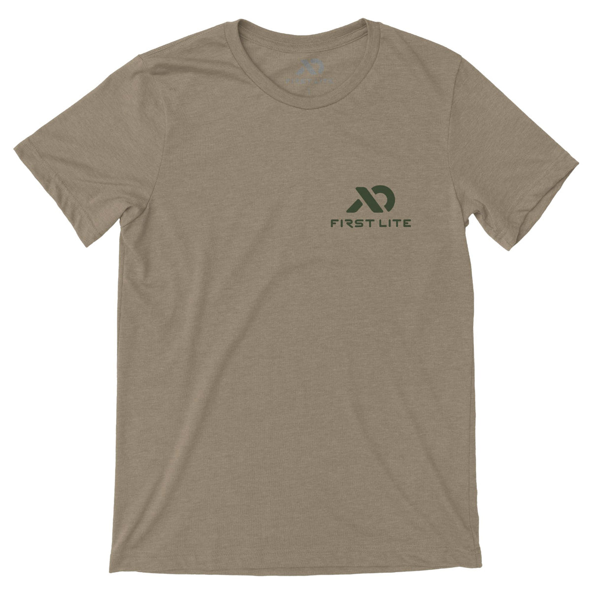 Light brown T-Shirt with a dark green logo and "FIRST LITE" on the left chest