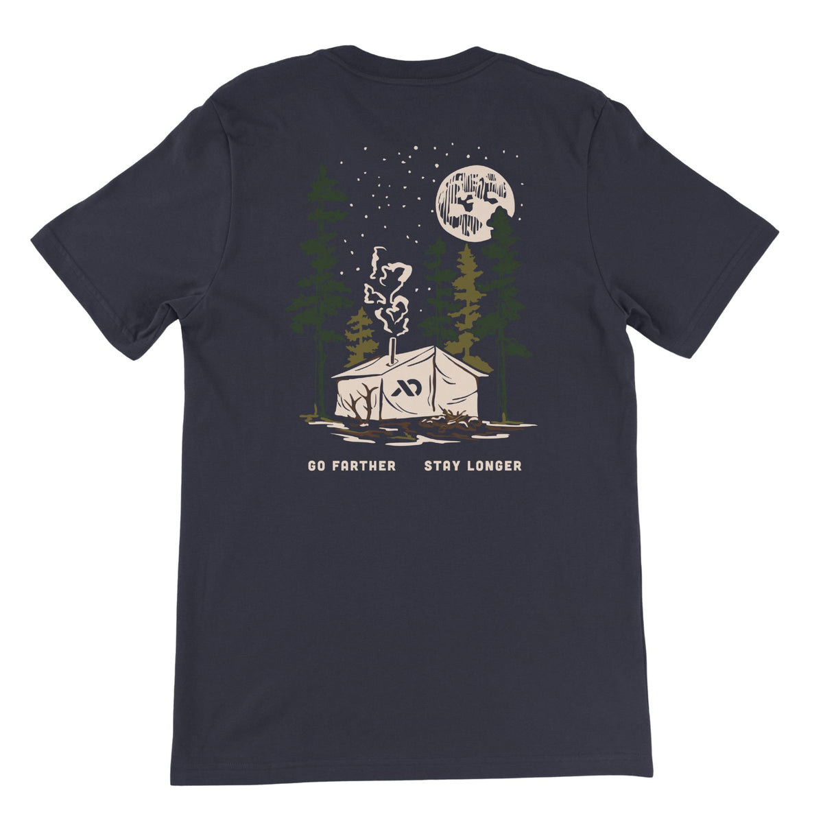 Navy T-Shirt with a beige camping tent, green trees to the sides and a moon with stars on top and text "GO FARTHER STAY LONGER" below