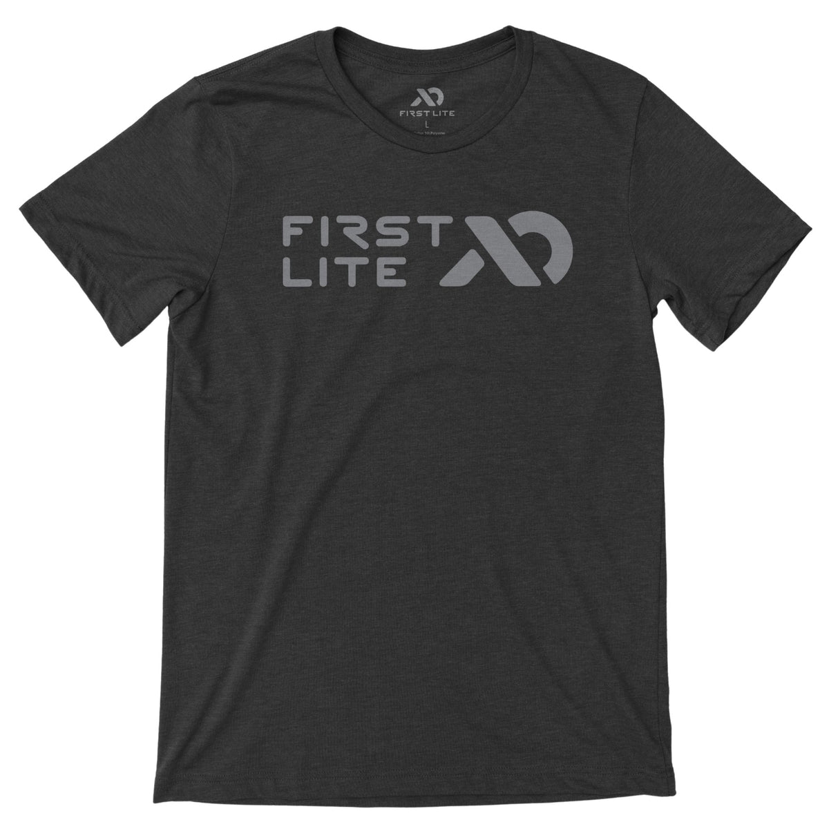 Dark grey heather t-shirt by Meateater, size Medium, with 'FIRST LITE' text and a stylized light grery logo on the chest.