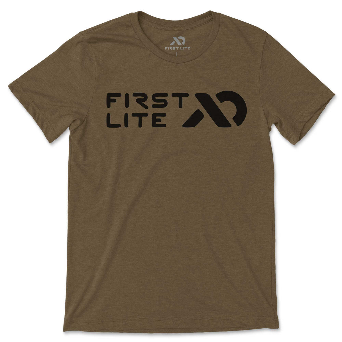 Dark olive heather t-shirt with a large black 'FIRST LITE' logo on the chest.