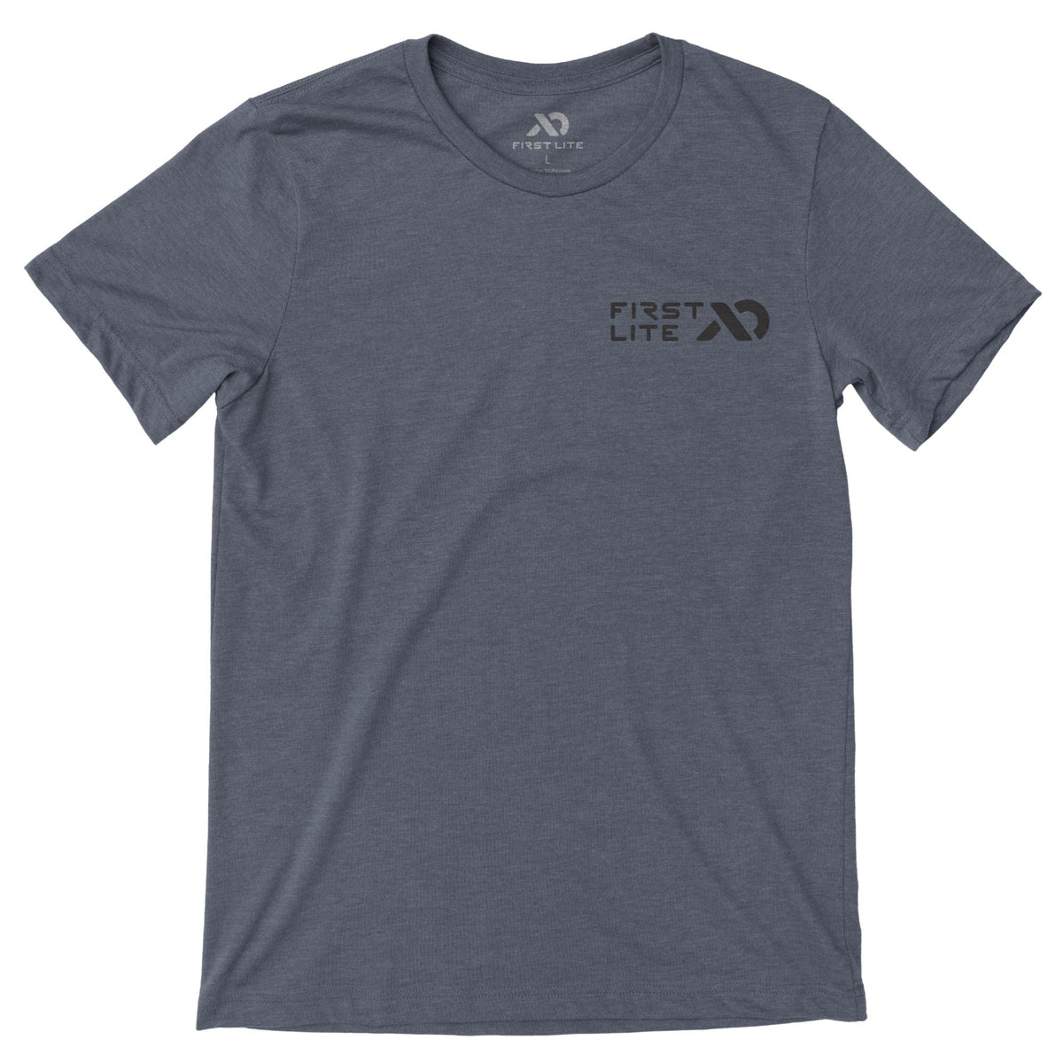 Slate grey t-shirt with a black 'FIRST LITE' logo on the left chest