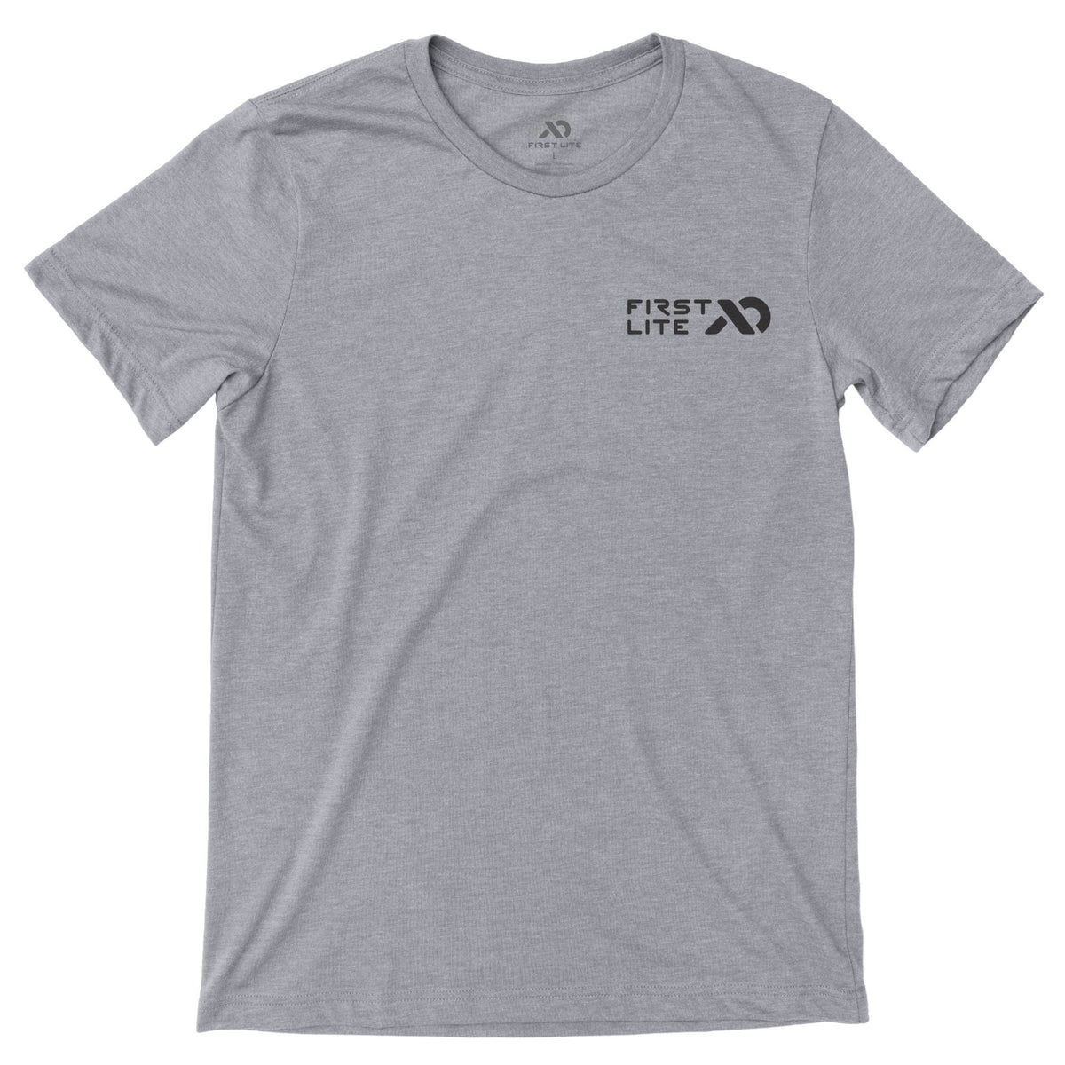 Light gray t-shirt with "FIRST LITE" and a stylized logo on the left chest
