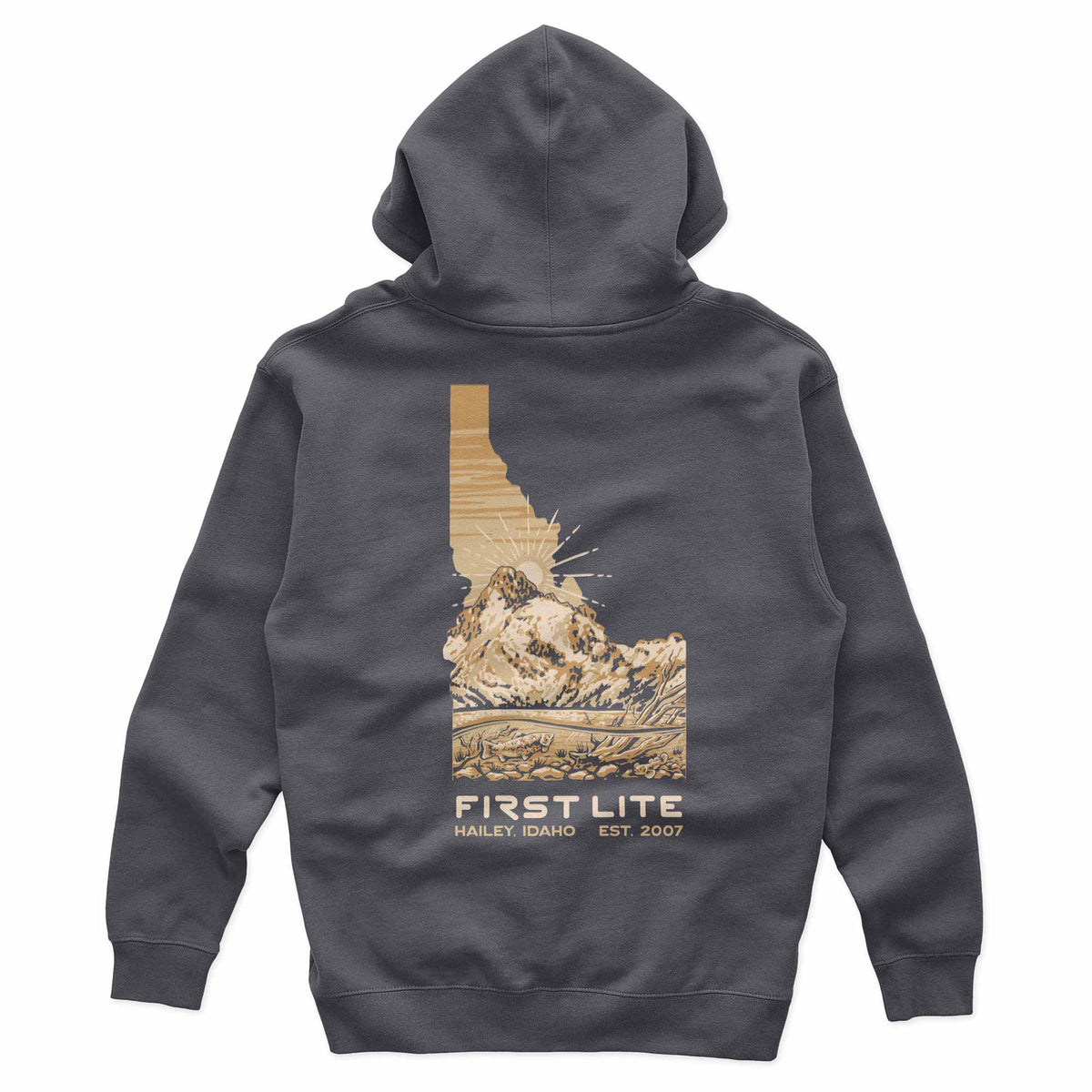 Gray hoodie with a mountain graphic and 'First Lite' branding on the back, on a white background.