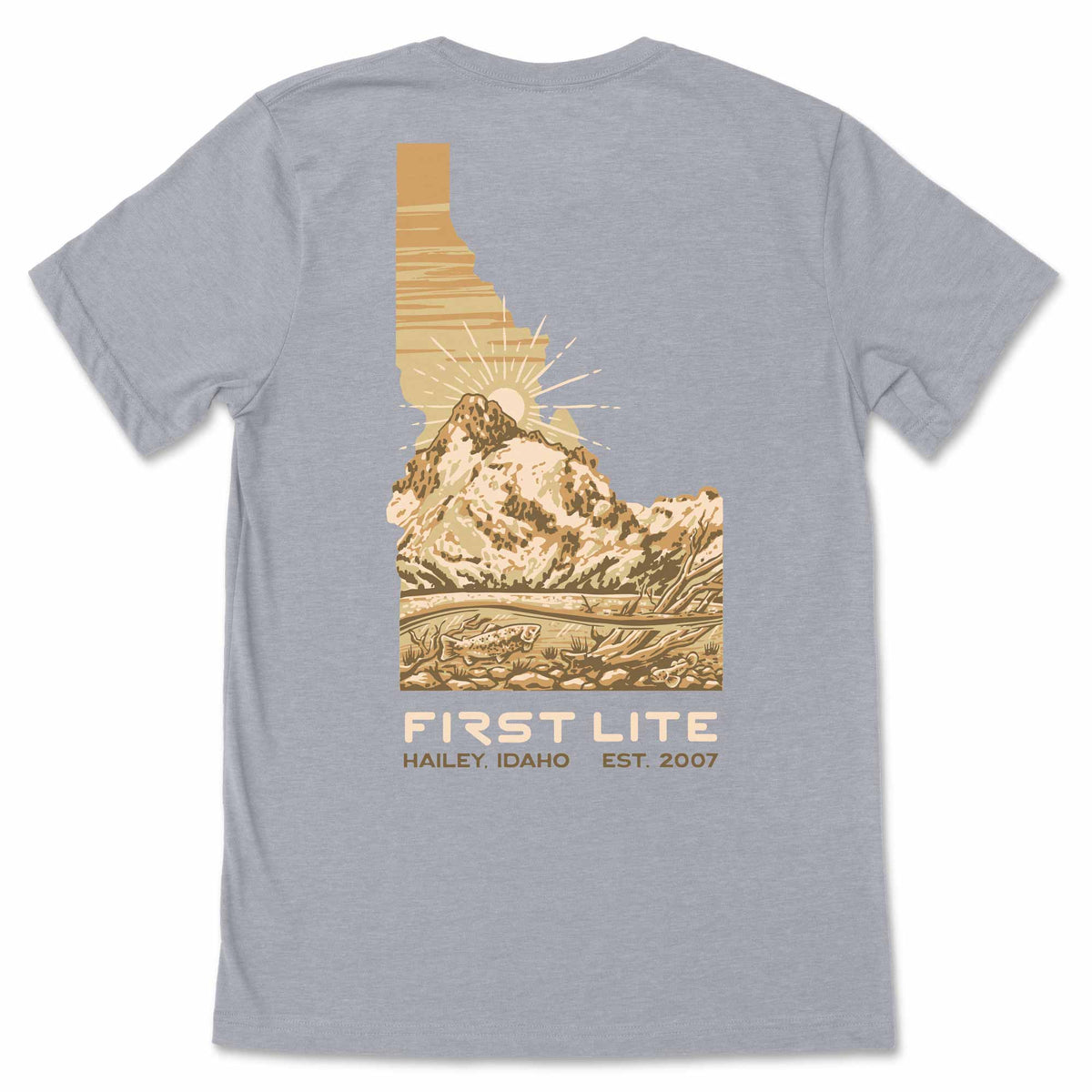 Gray t-shirt with an Idaho mountain graphic and 'First Lite' branding on a white background