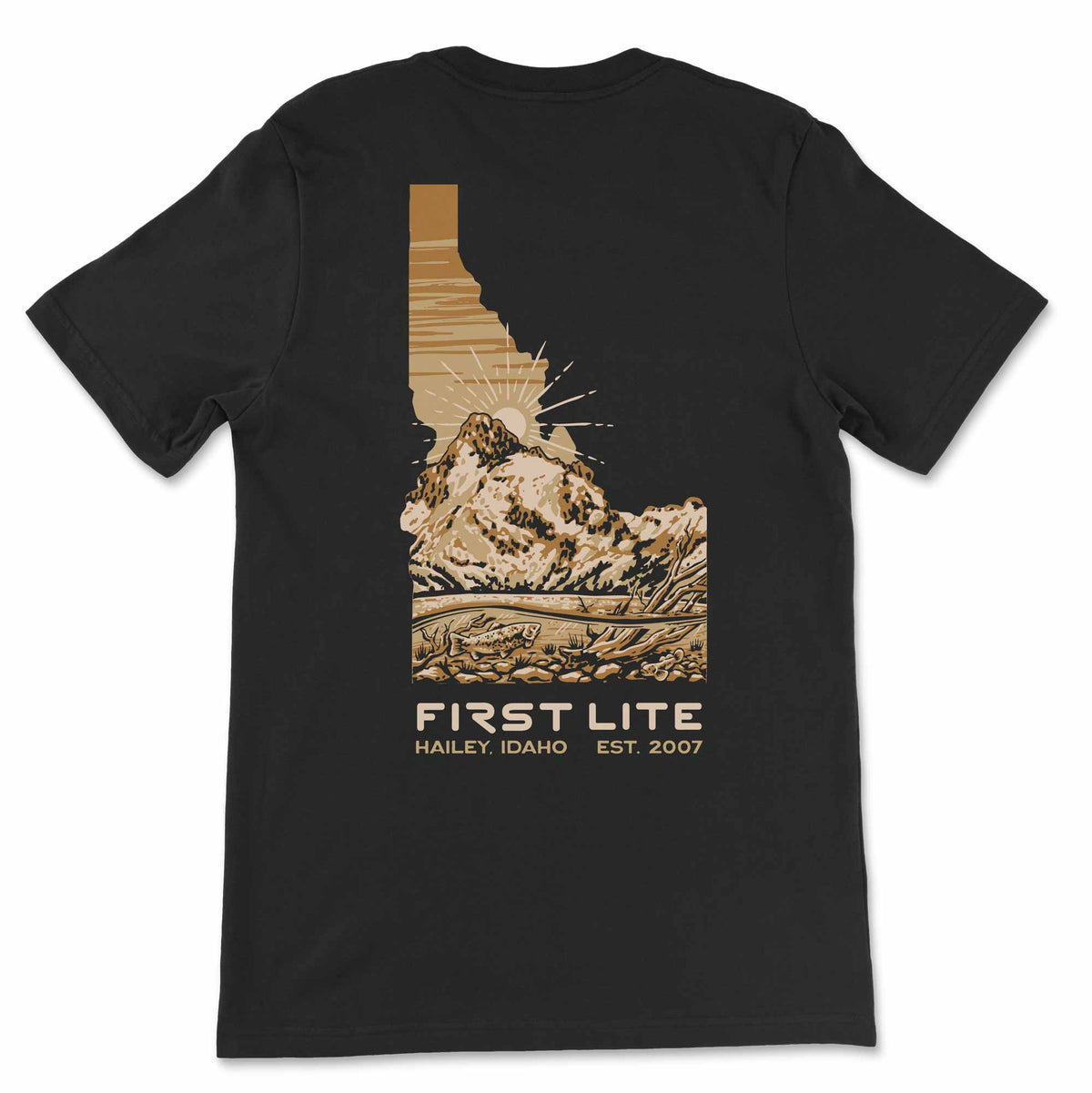Black t-shirt with a mountain graphic and 'First Lite' branding on a white background