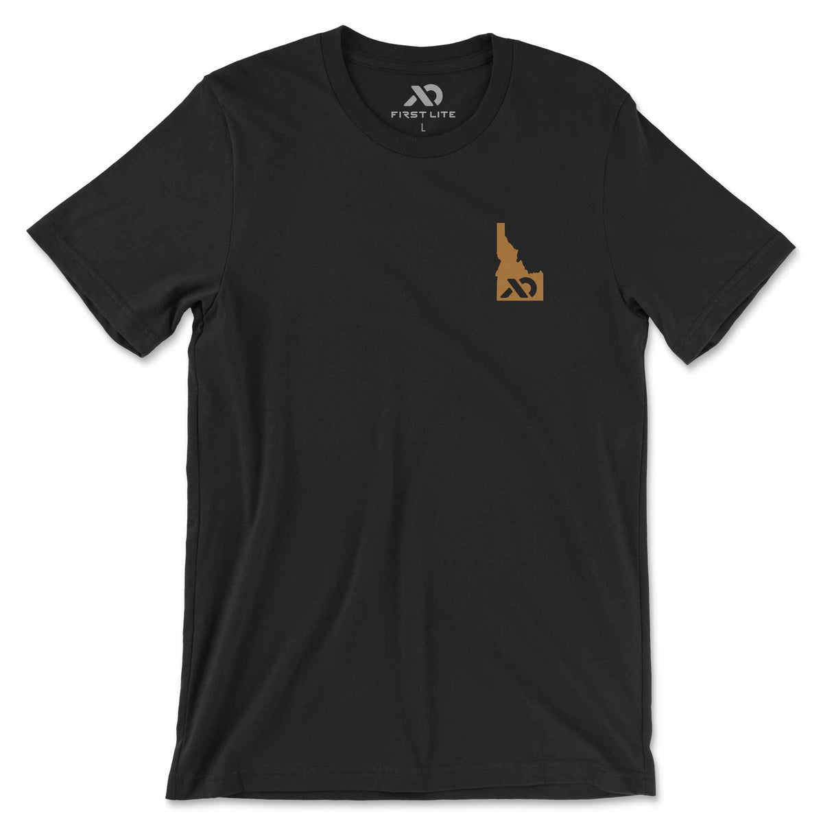 Black t-shirt with Idaho outline logo on a white background