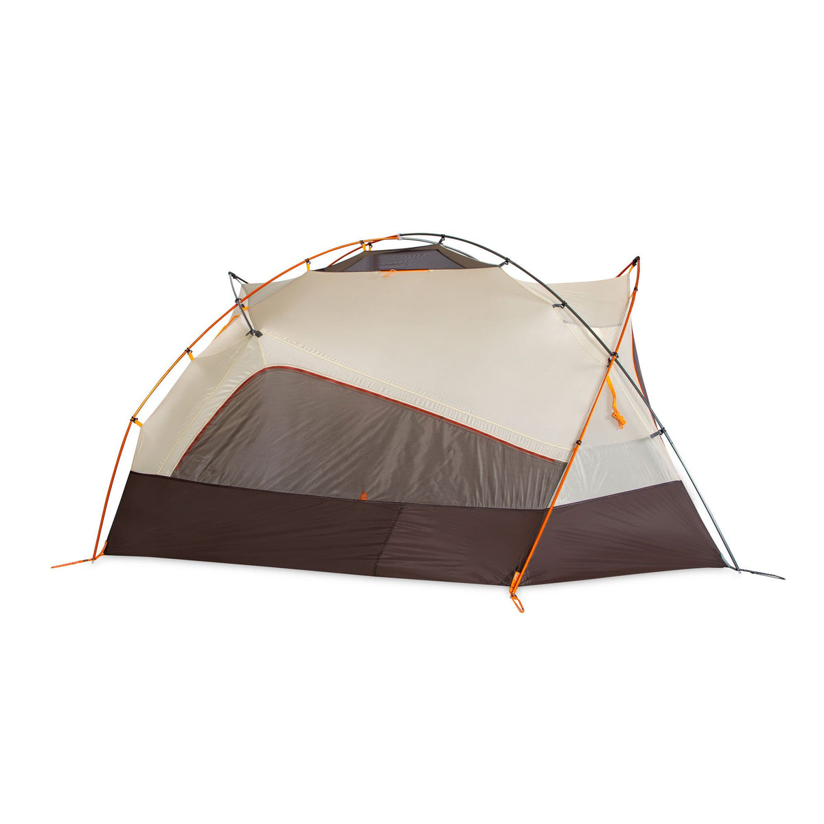 Beige and dark brown dome tent with orange poles and mesh panels.