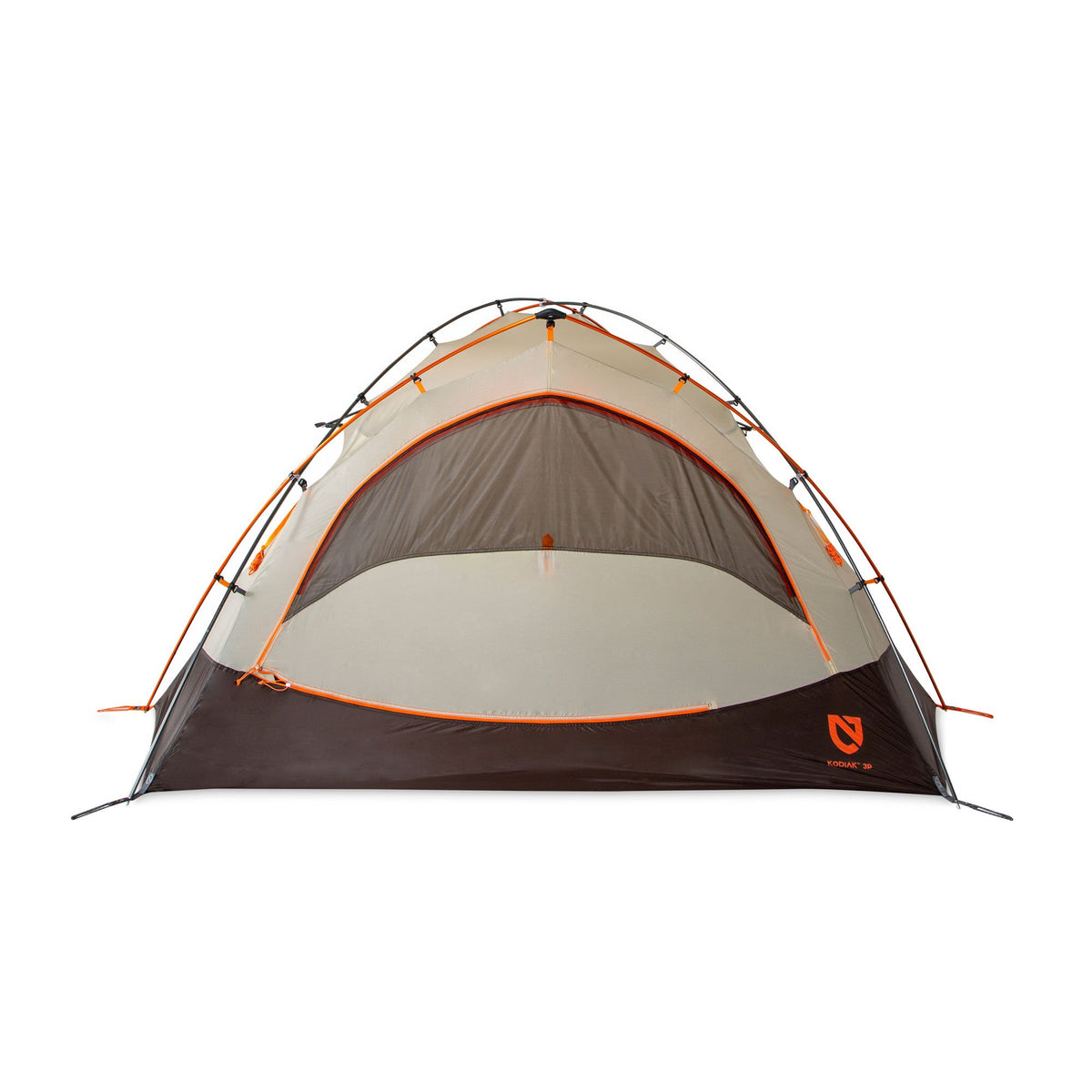 Nemo Kodiak 3P dome tent in dark brown and light beige with a dark mesh door and orange accents.