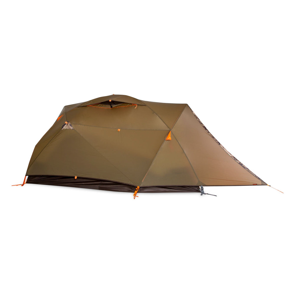 A muted green-brown camping tent with bright orange accents, a dark base, a top vent, and a subtle camouflage pattern detail on its right side.