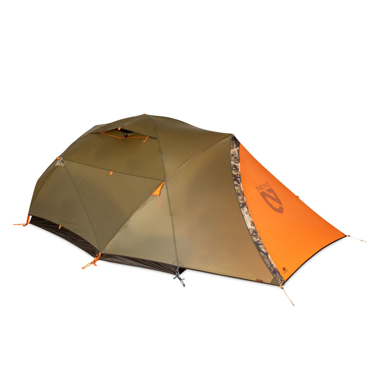NEMO camping tent in olive green and orange with camouflage trim.