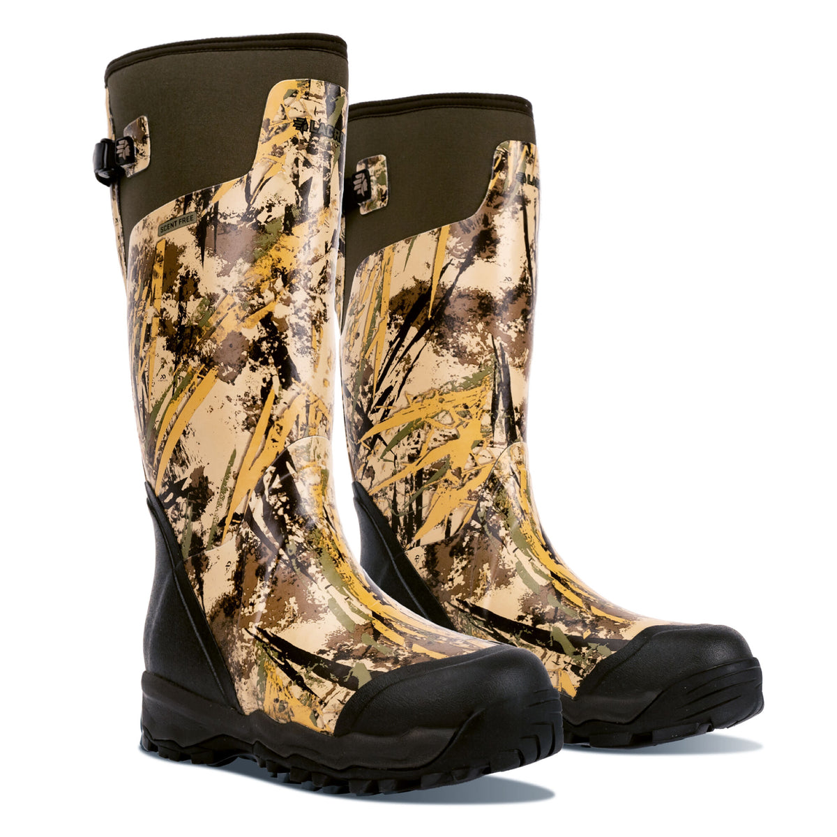 Two tall LaCrosse rubber hunting boots with a tan and green Realtree camouflage pattern, olive green collars, black soles, and an adjustable side strap.
