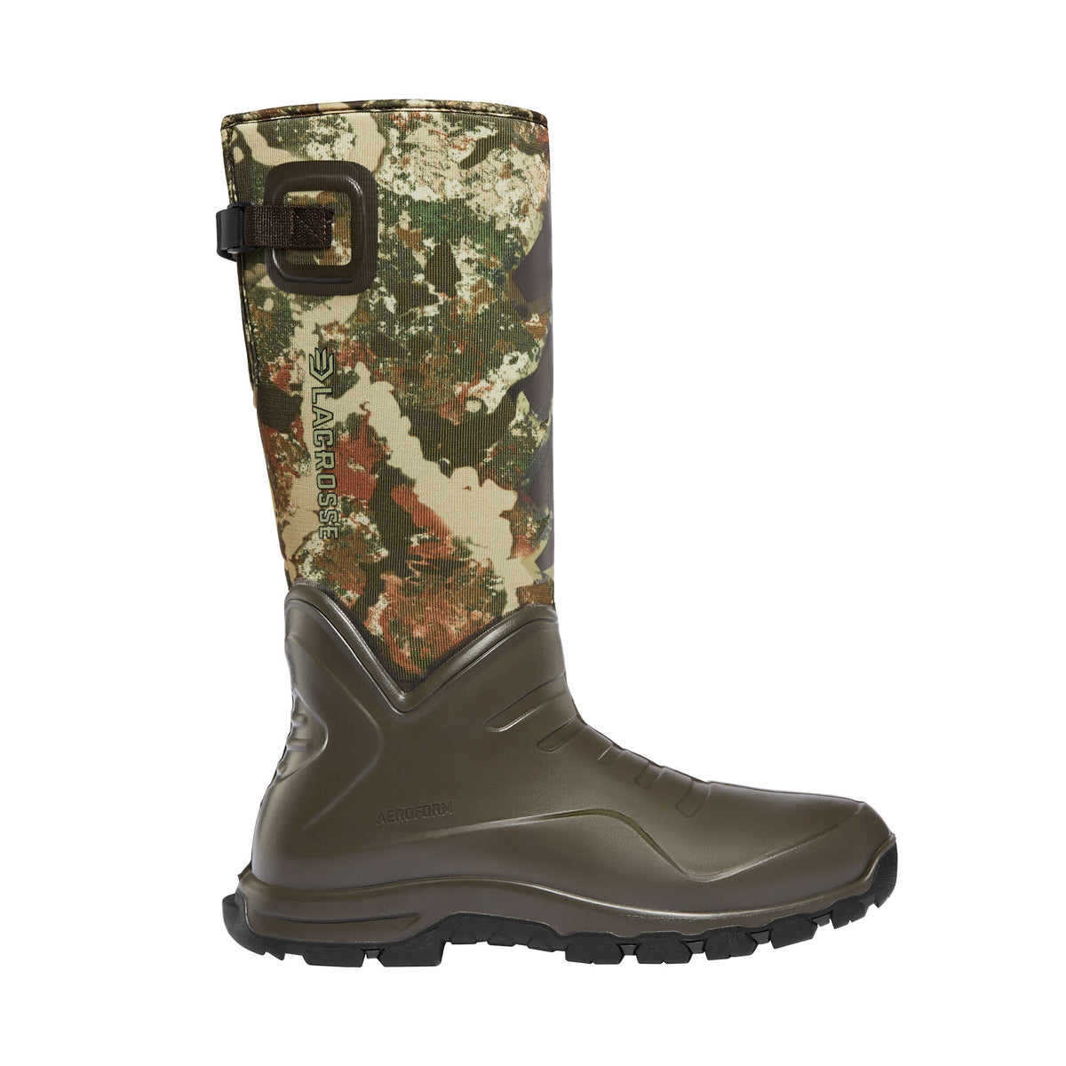A tall dark green rubber boot with a camouflage upper, featuring an adjustable brown strap, LaCrosse logo, and AeroForm branding.