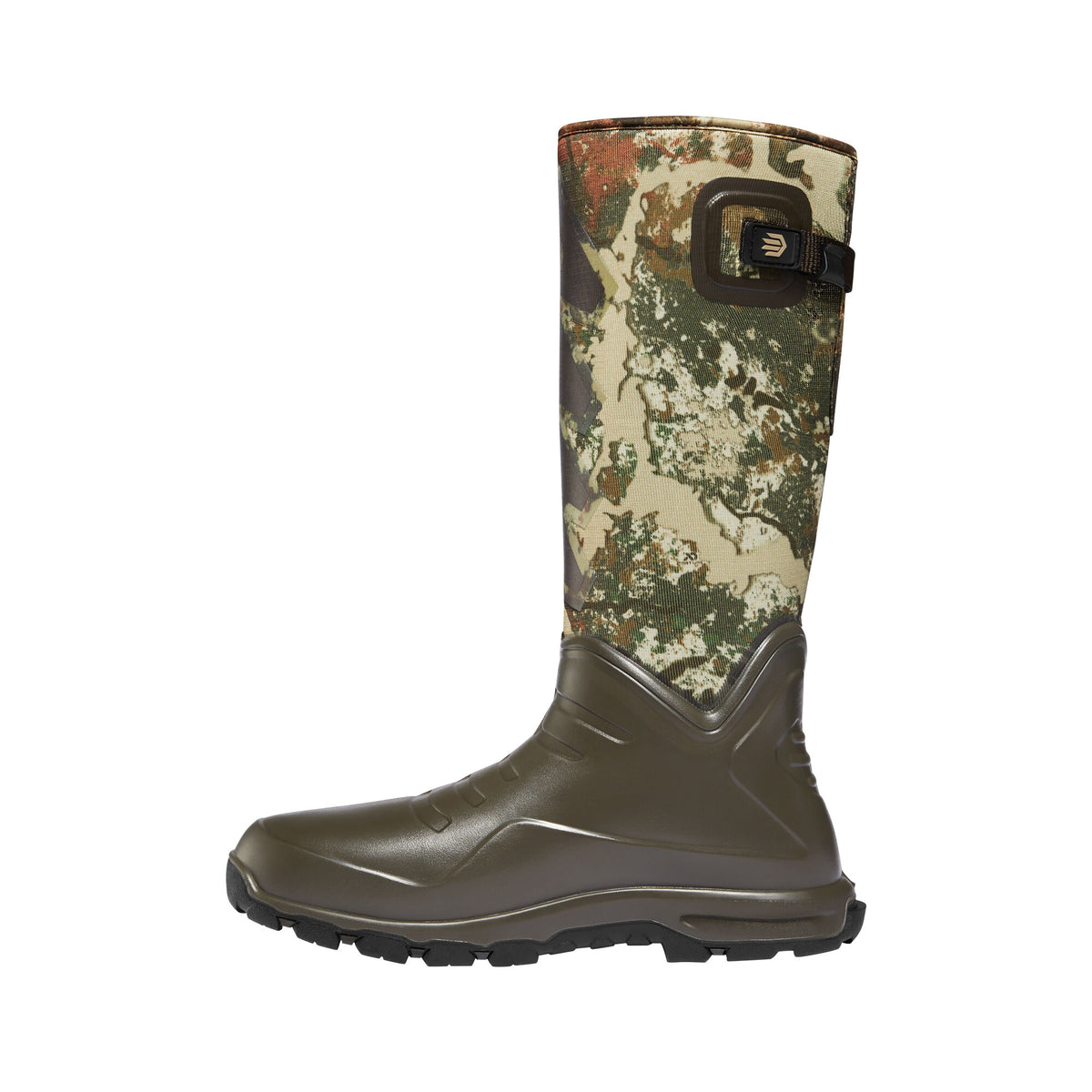 Tall hunting boot with an olive green rubber base, camouflage patterned shaft, and an adjustable strap near the top.