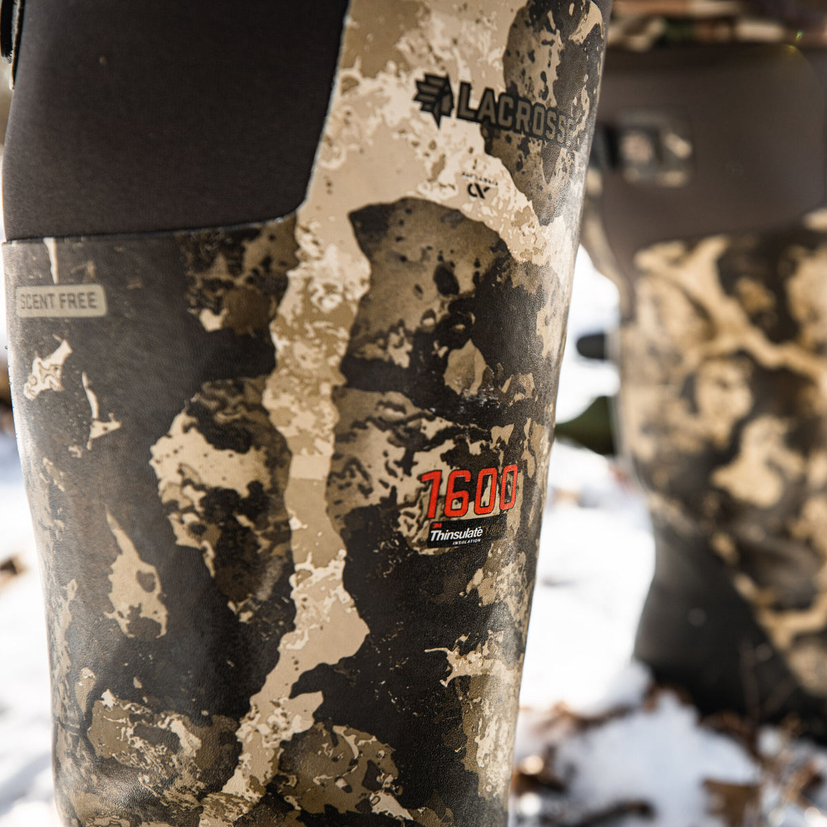 LaCrosse camouflage insulated hunting boot with 1600 Thinsulate and Scent Free labels.