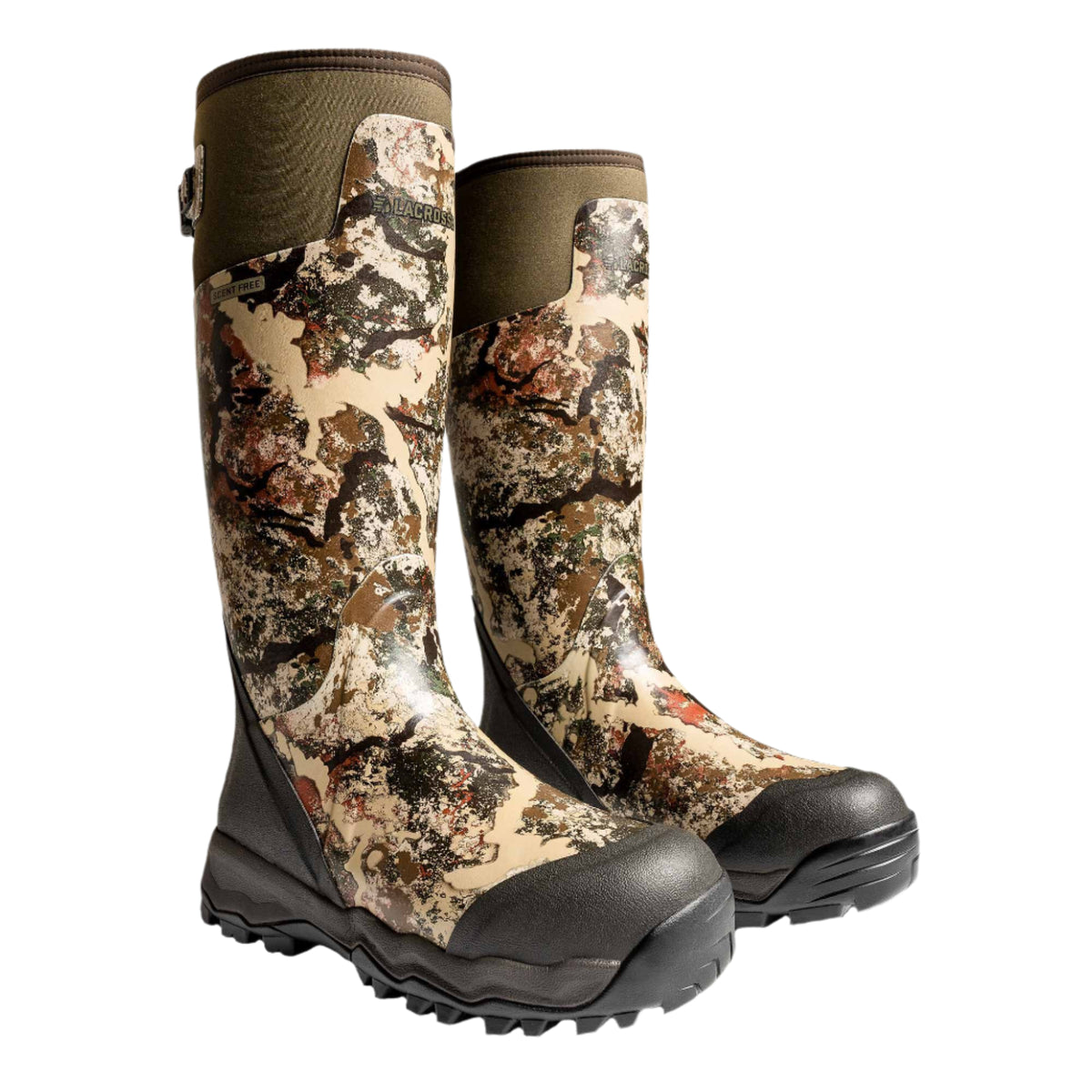 A pair of tall hunting boots in a tan, brown, and green camouflage pattern, with dark green cuffs, rugged black soles, and an adjustable strap on the side of one cuff.