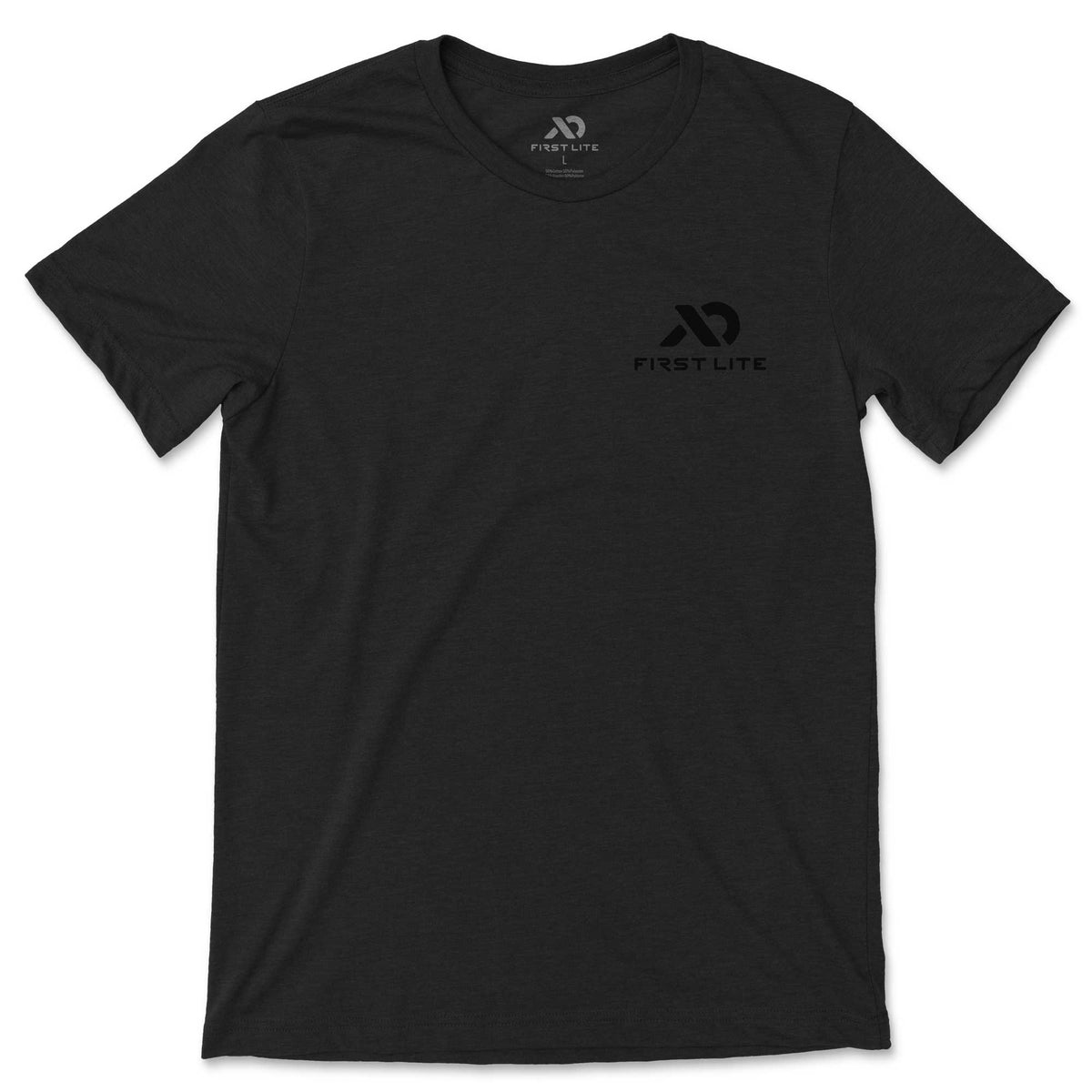 Black short-sleeved crew neck t-shirt with a tone-on-tone First Lite logo on the left chest.