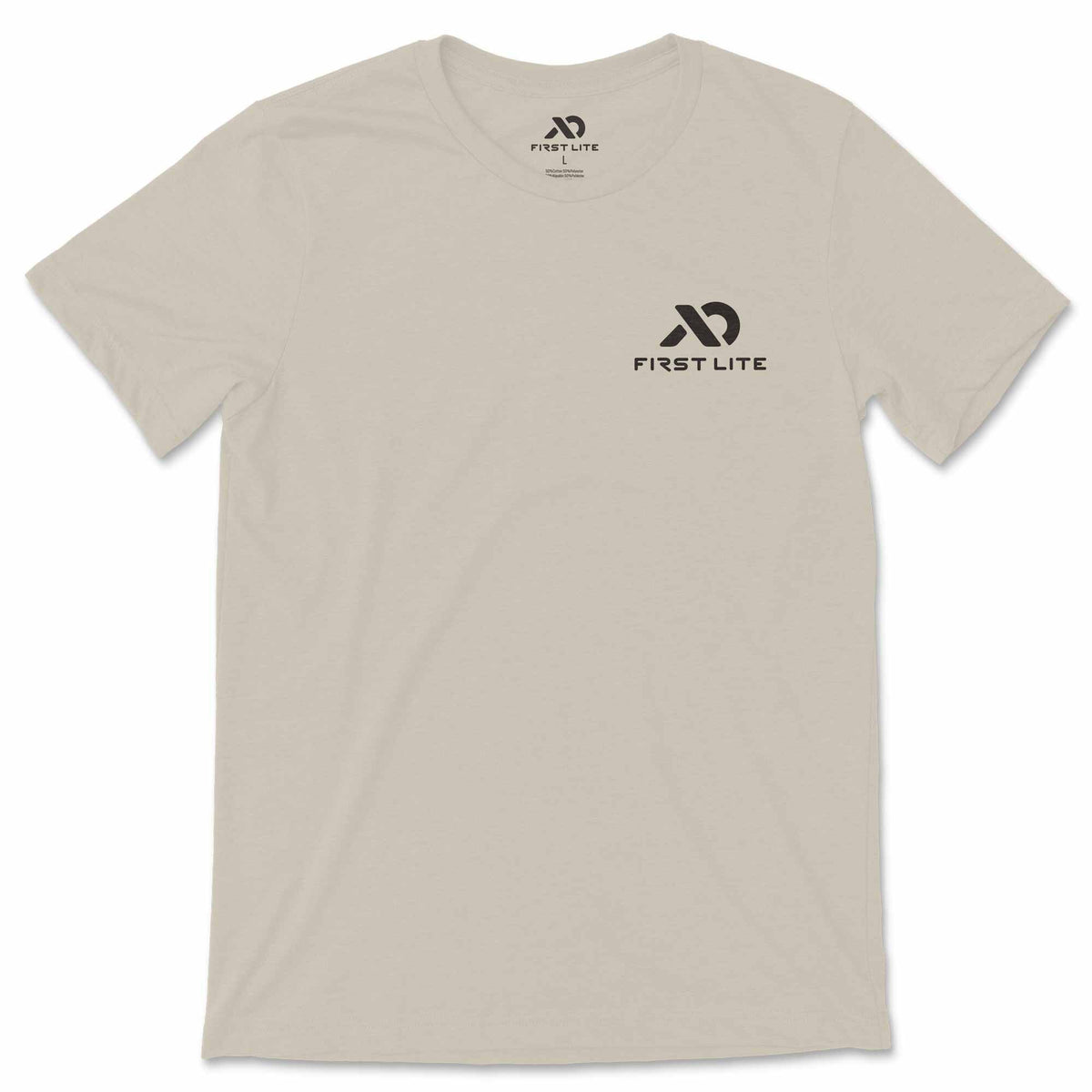 Light tan t-shirt with a black First Lite logo on the left chest.