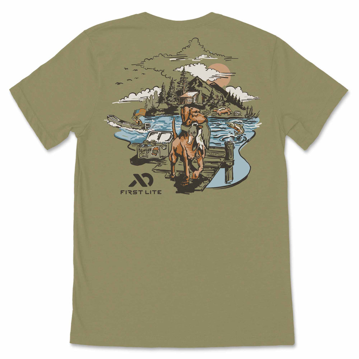 Olive green t-shirt with a back graphic depicting a retriever dog holding a fish on a dock in an outdoor lake and mountain scene, with a FIRST LITE logo.