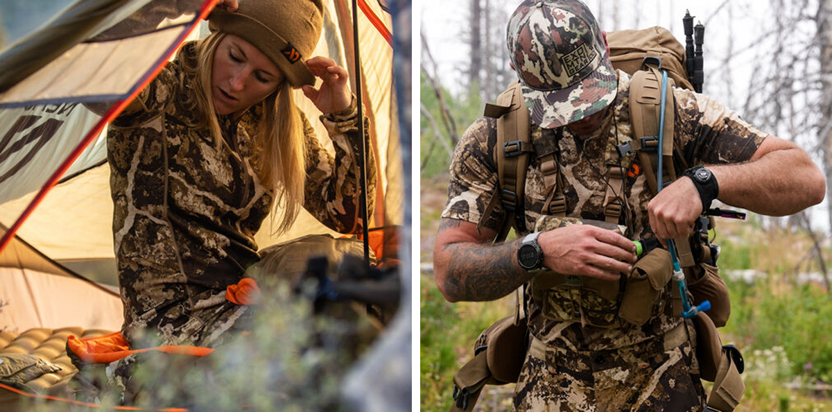 Earth-toned camouflage apparel: hooded top and short-sleeved shirt with backpack.
