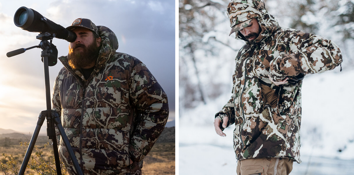 Two men in multi-color camouflage hunting jackets: one puffy, one hooded.