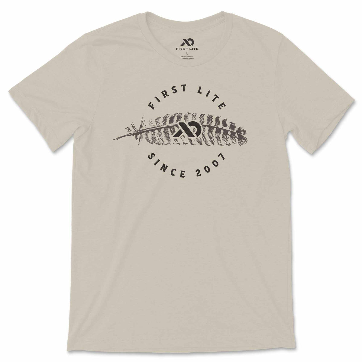 Sand t-shirt featuring a dark gray 'FIRST LITE' feather graphic and 'SINCE 2007' text.