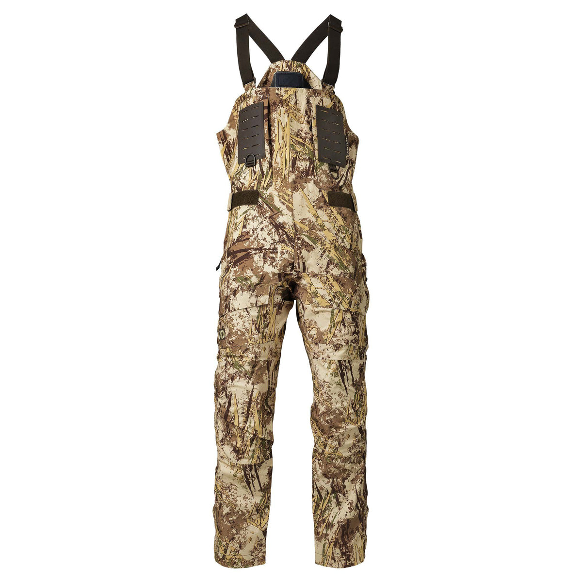 Tan and brown camouflage hunting bibs with dark shoulder straps, chest panels with slotted designs, and cargo leg pockets.