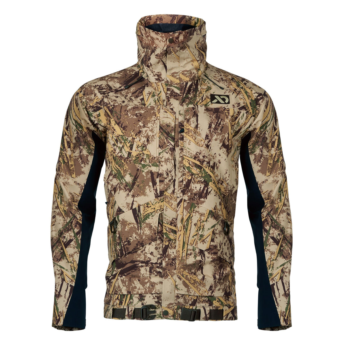 Brown, green, and tan camouflage hunting jacket with dark blue side panels, a high collar, chest logo, and adjustable bottom buckles.
