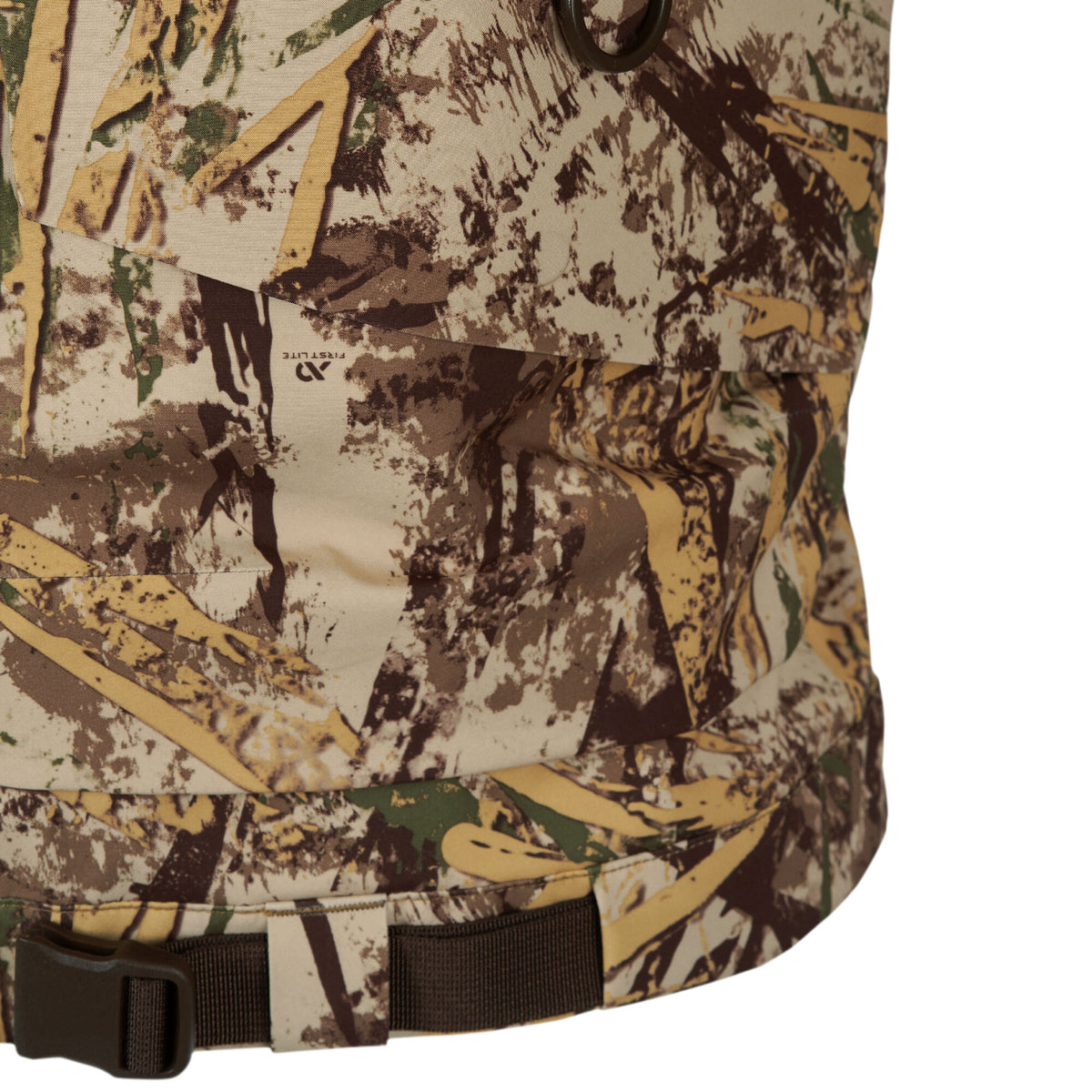 First Lite camouflage pouch in a brown, tan, and green pattern, with a dark top loop and a bottom buckle strap.