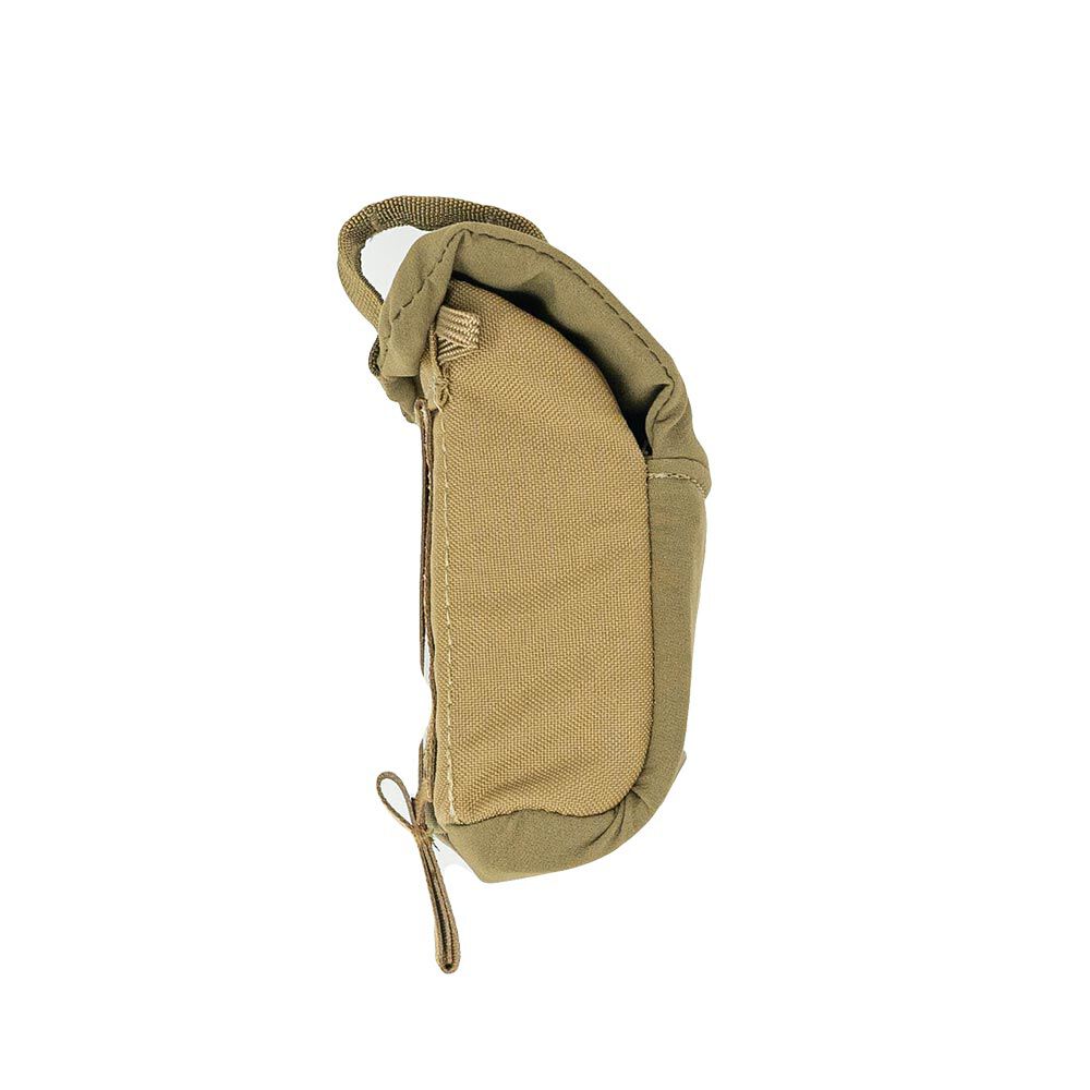 Tan fabric pouch with a zipper closure and a top attachment loop.