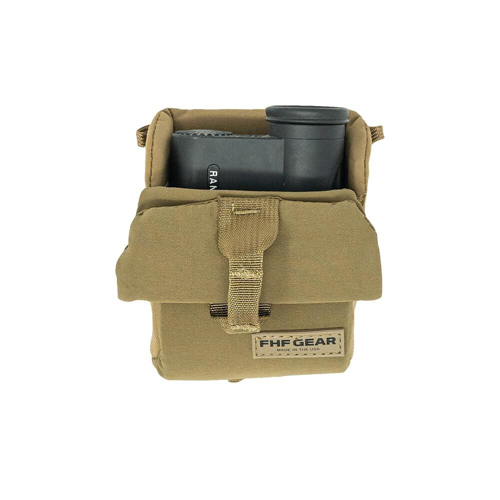 An open coyote brown FHF Gear rangefinder pouch with a black rangefinder visible inside and a webbing strap closure on the front flap.