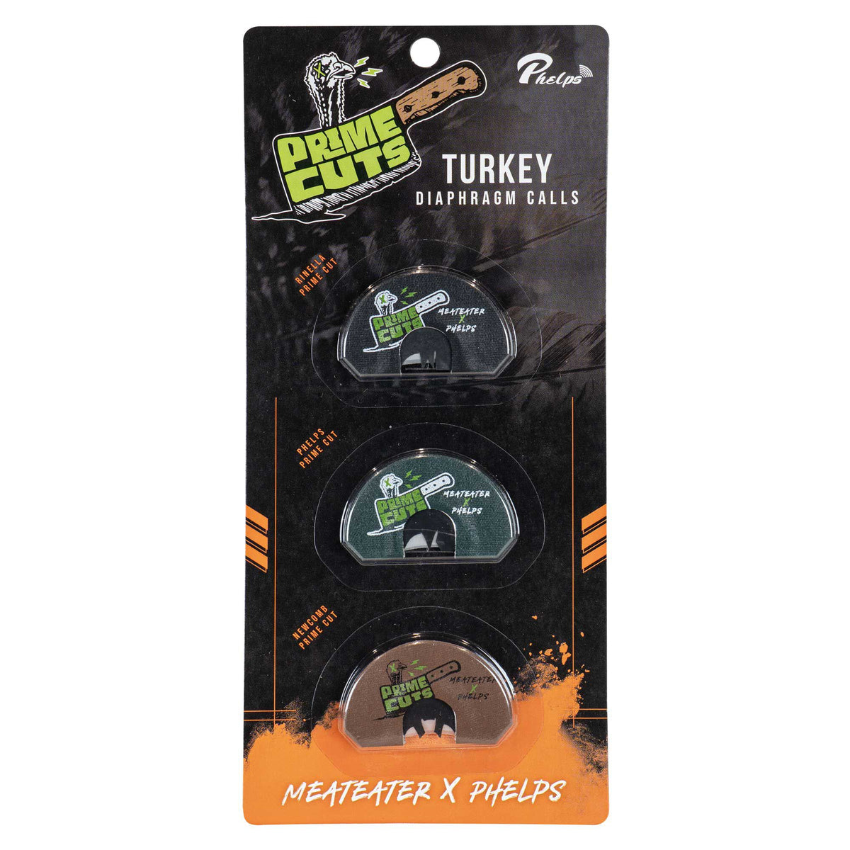 A 3-pack of Phelps Game Calls Prime Cuts Turkey Diaphragm Calls on a black and orange "MeatEater X Phelps" branded package, featuring calls with black, dark green, and brown backgrounds.