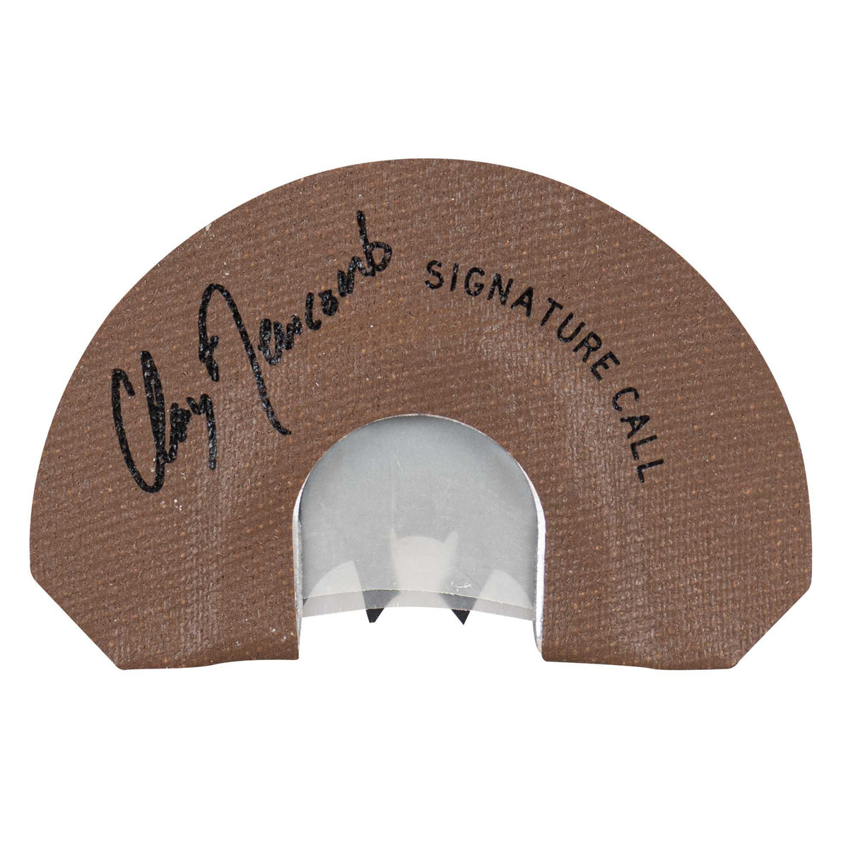Brown semi-circular turkey diaphragm call with "Clay Newcomb SIGNATURE CALL" text and clear reeds visible in a central U-shaped cut-out.
