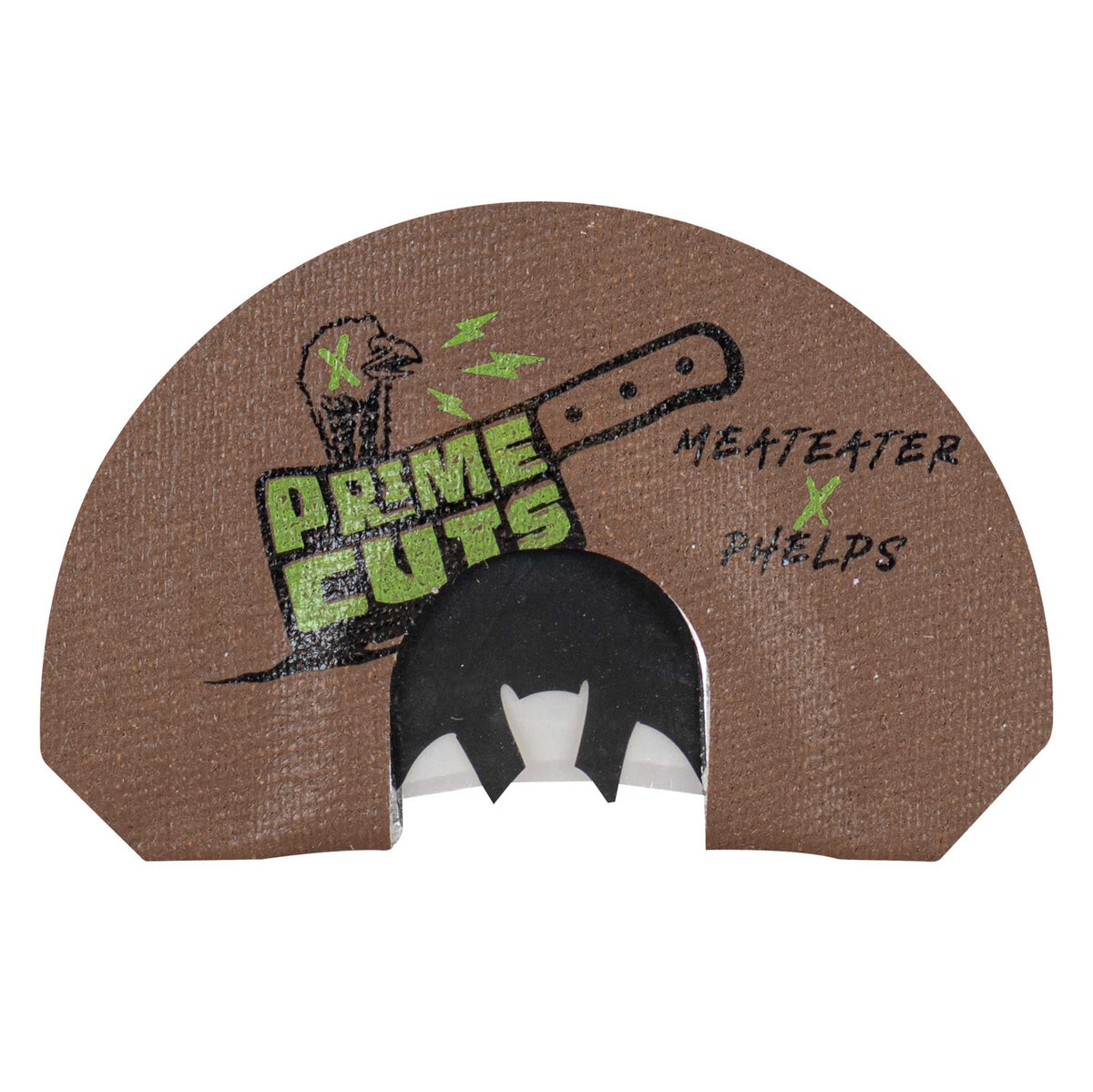 Brown turkey diaphragm call with a black batwing cut reed, featuring "PRIME CUTS," a turkey head, cleaver graphic, and "MEATEATER x PHELPS" text.