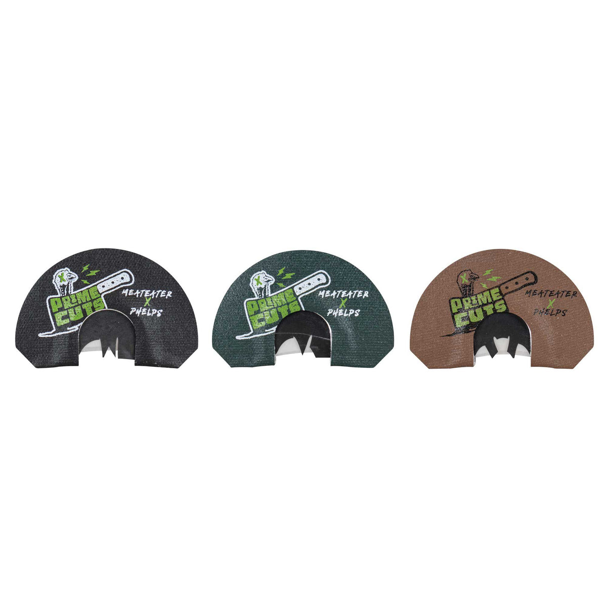 Set of three semi-circular turkey mouth calls in black, dark green, and brown, each with a 'Prime Cuts' turkey and cleaver logo.