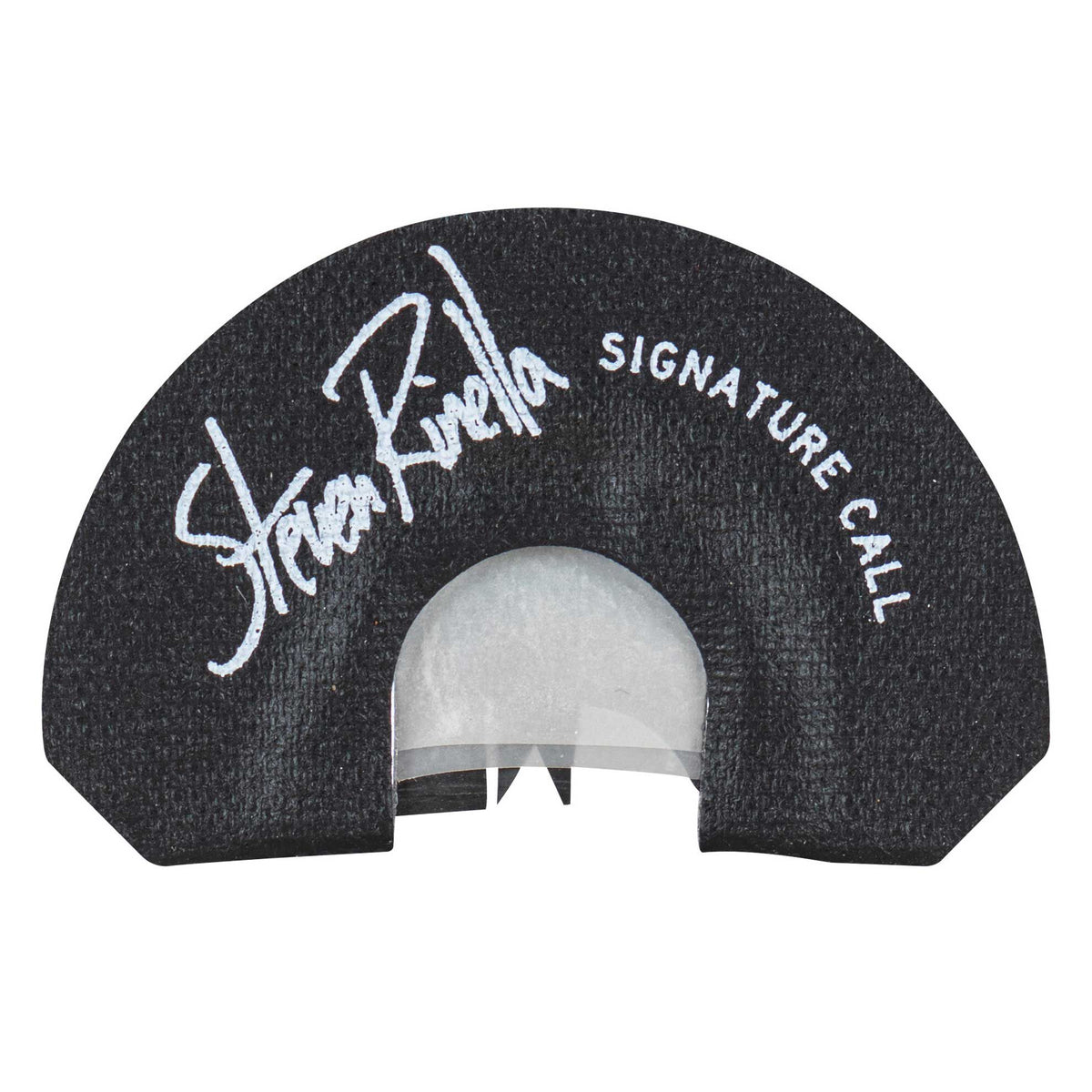 Black semi-circular game call with white "Steven Rinella SIGNATURE CALL" text and a clear reed.