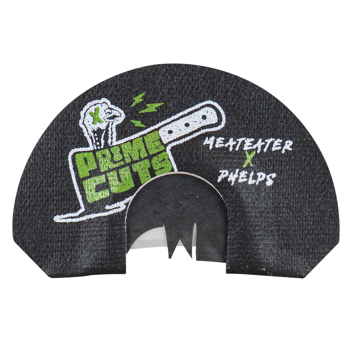 Black semi-circular turkey mouth call with a triple-reed cut, featuring a green and white "Prime Cuts" graphic with a bone and cleaver, and "Meateater x Phelps" branding.