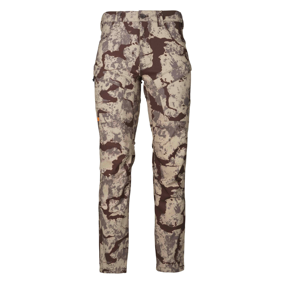 Camouflage hunting pants in a tan and brown pattern, featuring a button closure, front pockets, and an orange-zippered cargo pocket.