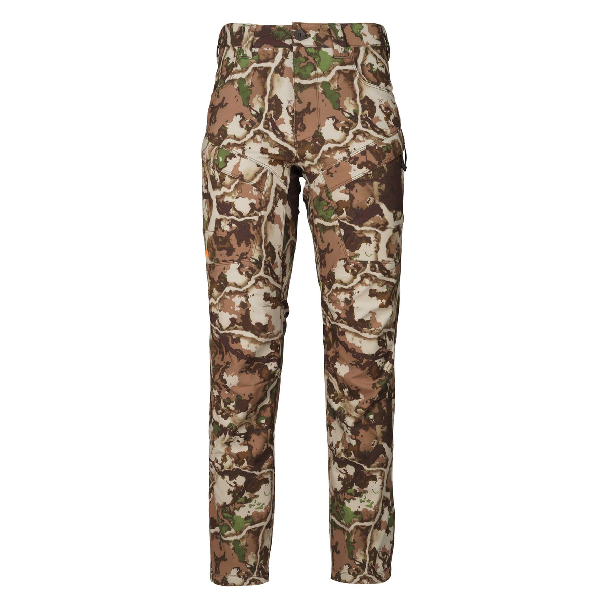 Hunting pants in brown, green, and tan camouflage, featuring a button fly, belt loops, and zippered thigh pockets.