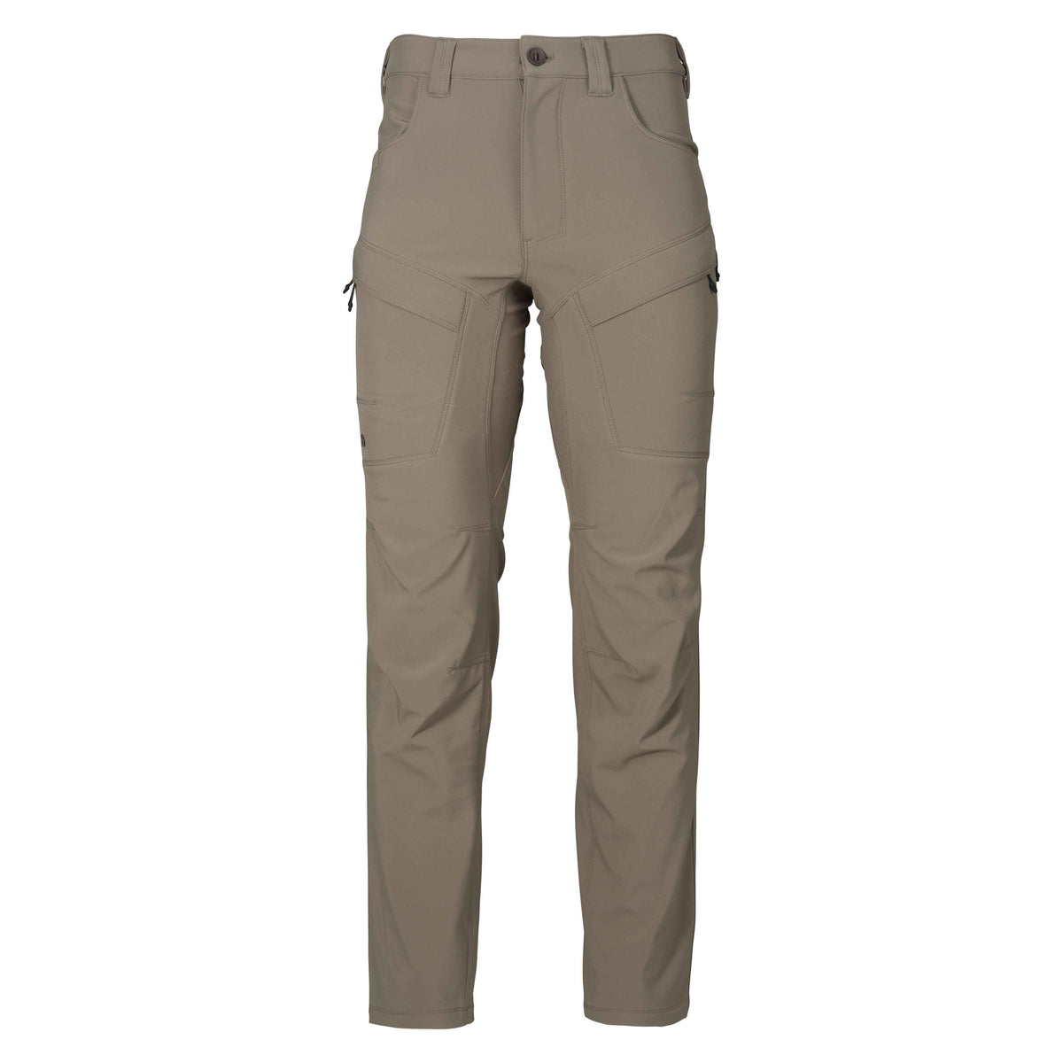 Taupe tactical pants with a button waist, belt loops, and zippered thigh pockets.