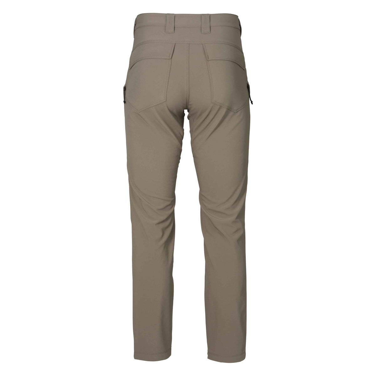 Taupe pants, back view, with belt loops, two flap back pockets, and two zippered side pockets.