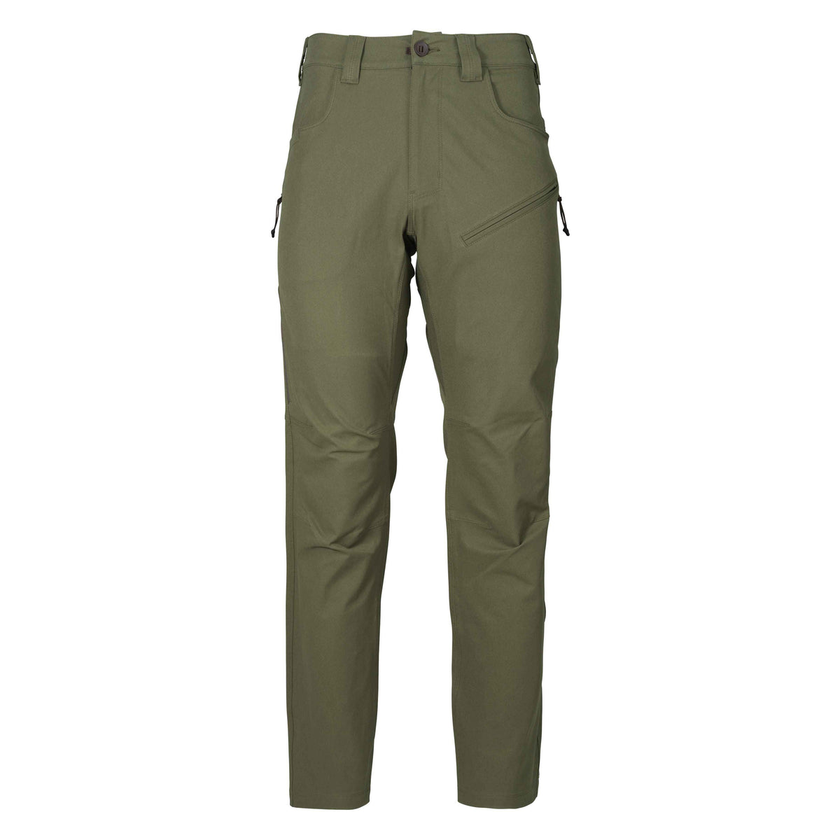 Olive green pants with a button closure, belt loops, front slash pockets, and a diagonal zippered thigh pocket.