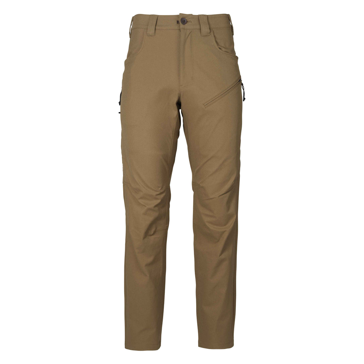 Tan pants with button closure, front pockets, and an angled zippered thigh pocket.
