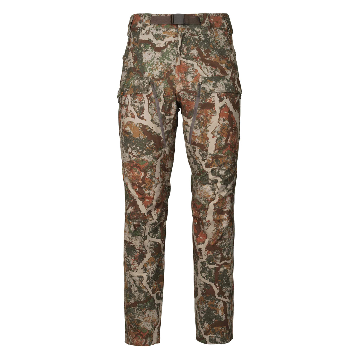 Multi-color camouflage pants featuring an integrated brown belt, a black buckle, and zippered thigh pockets.