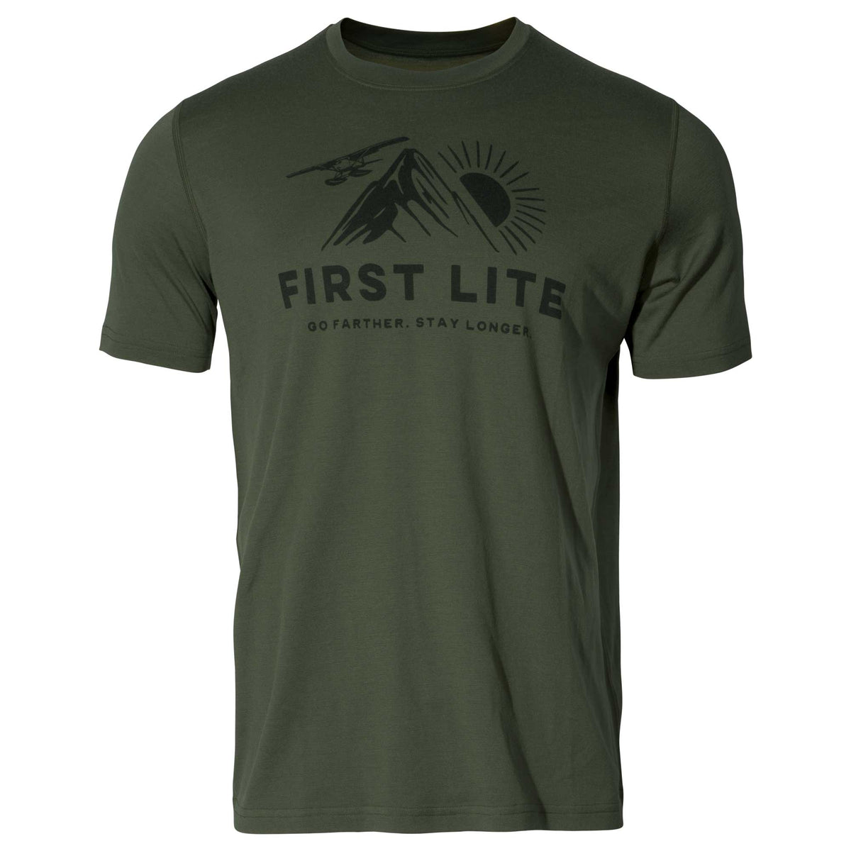 Olive green t-shirt featuring a black graphic with "FIRST LITE" text, mountains, a sun, a small plane, and "GO FARTHER. STAY LONGER" slogan.
