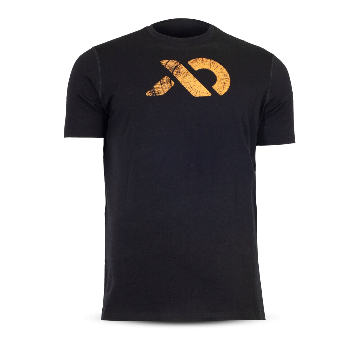 Black t-shirt with an orange, distressed logo on the front.