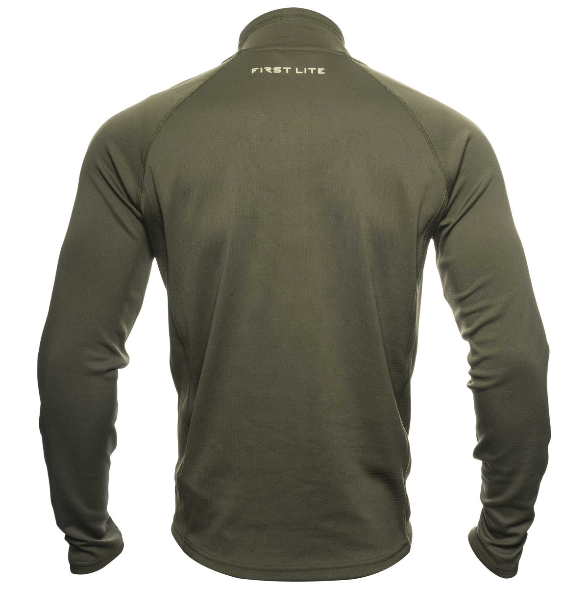 Green long-sleeve quarter zip with 'First Lite' branding on the back against a white background