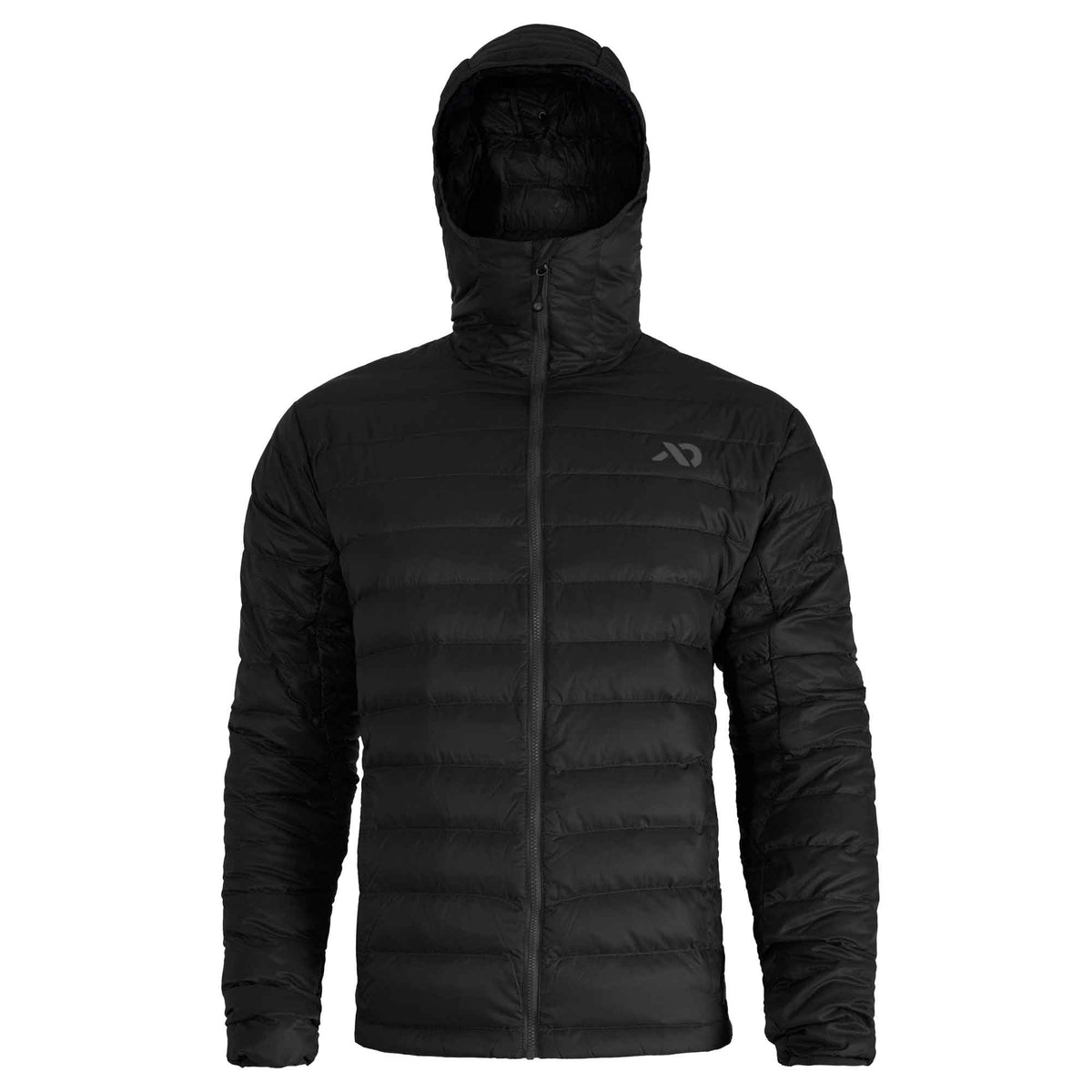 Black hooded puffer jacket with a full zipper and chest logo.