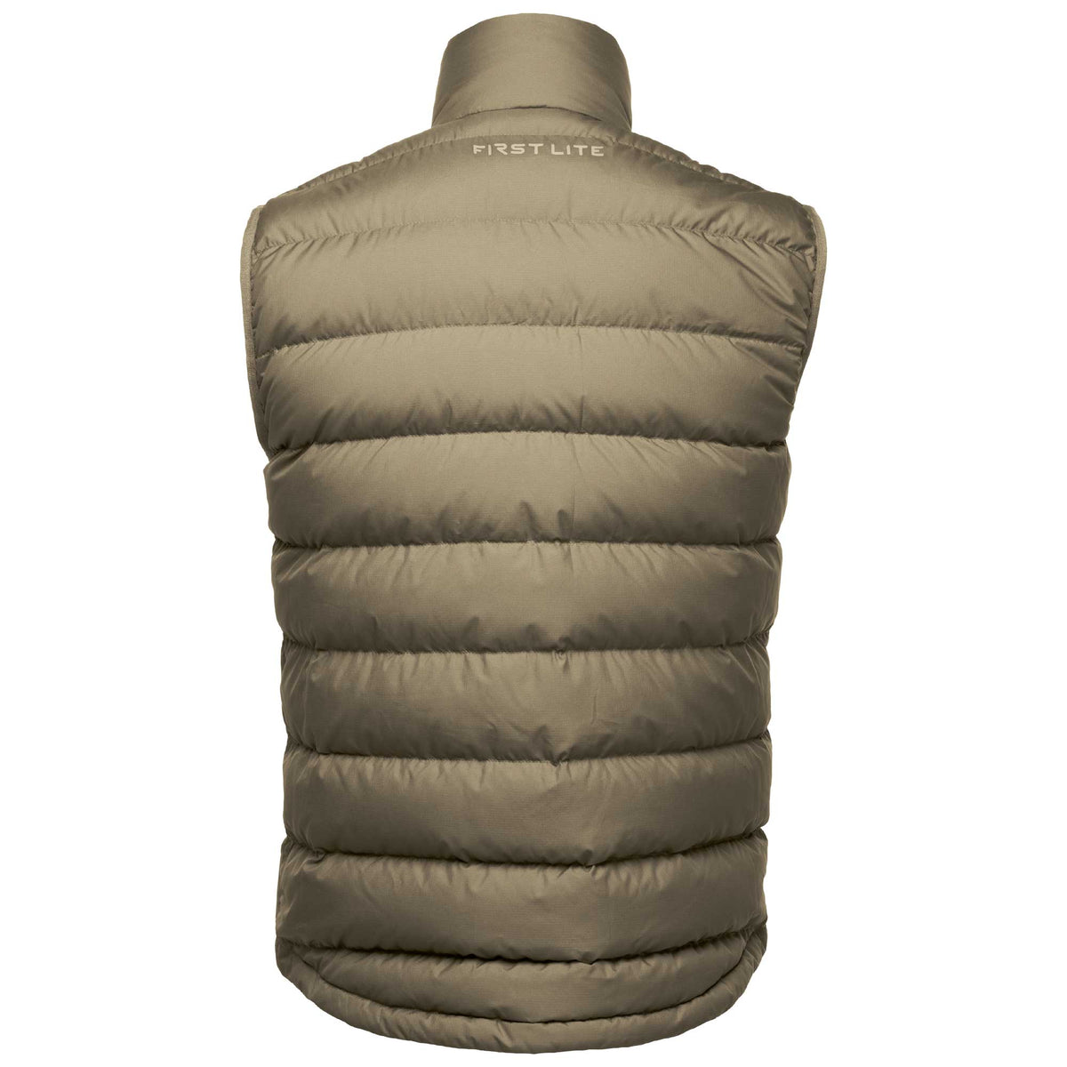 A sleeveless quilted puffer vest shown from the back, featuring horizontal stitching and a high collar. The brand name 'FIRST LITE' is printed in white near the top center.